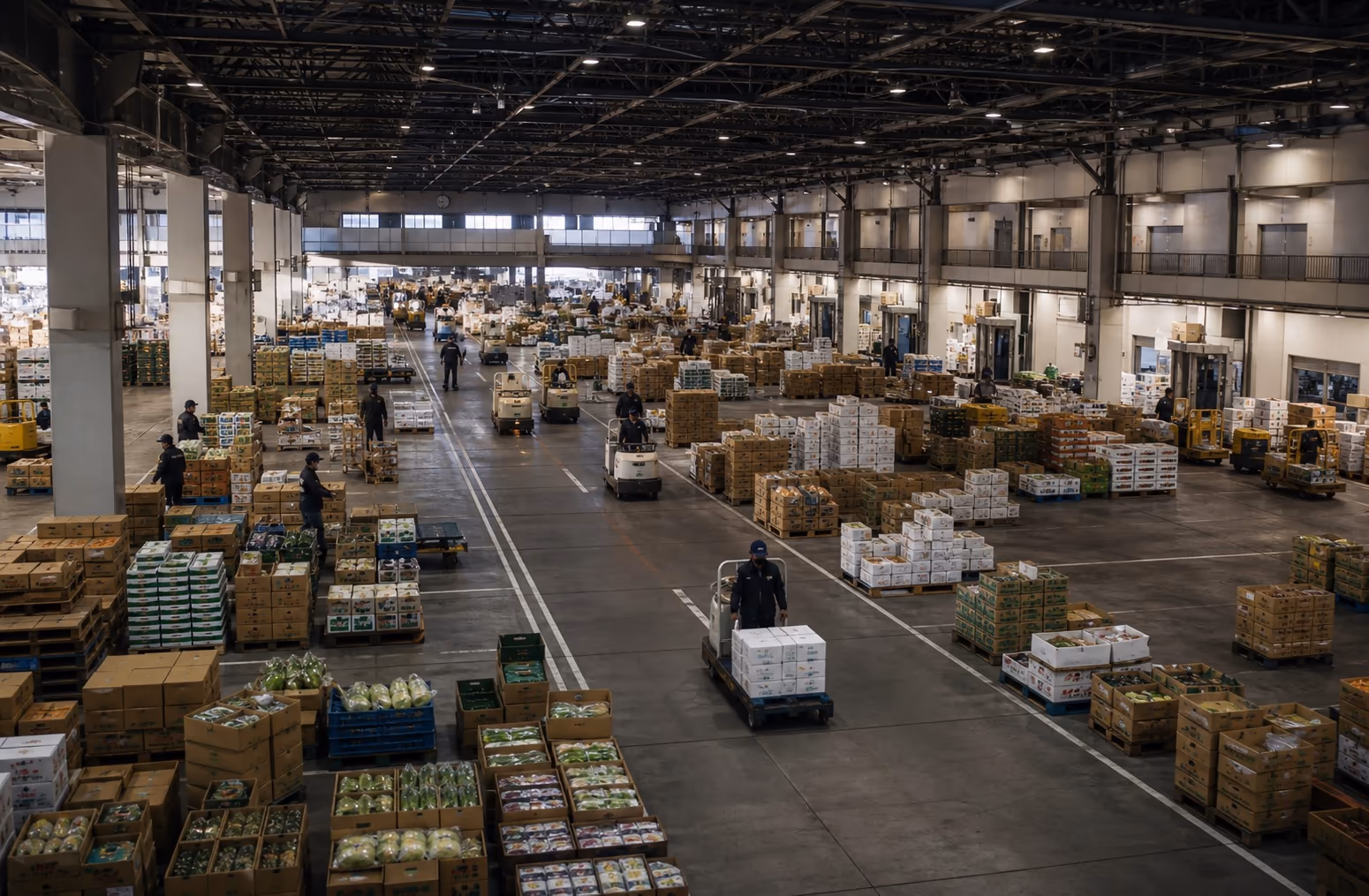 青果卸売市場に箱が並ぶ市場内の写真